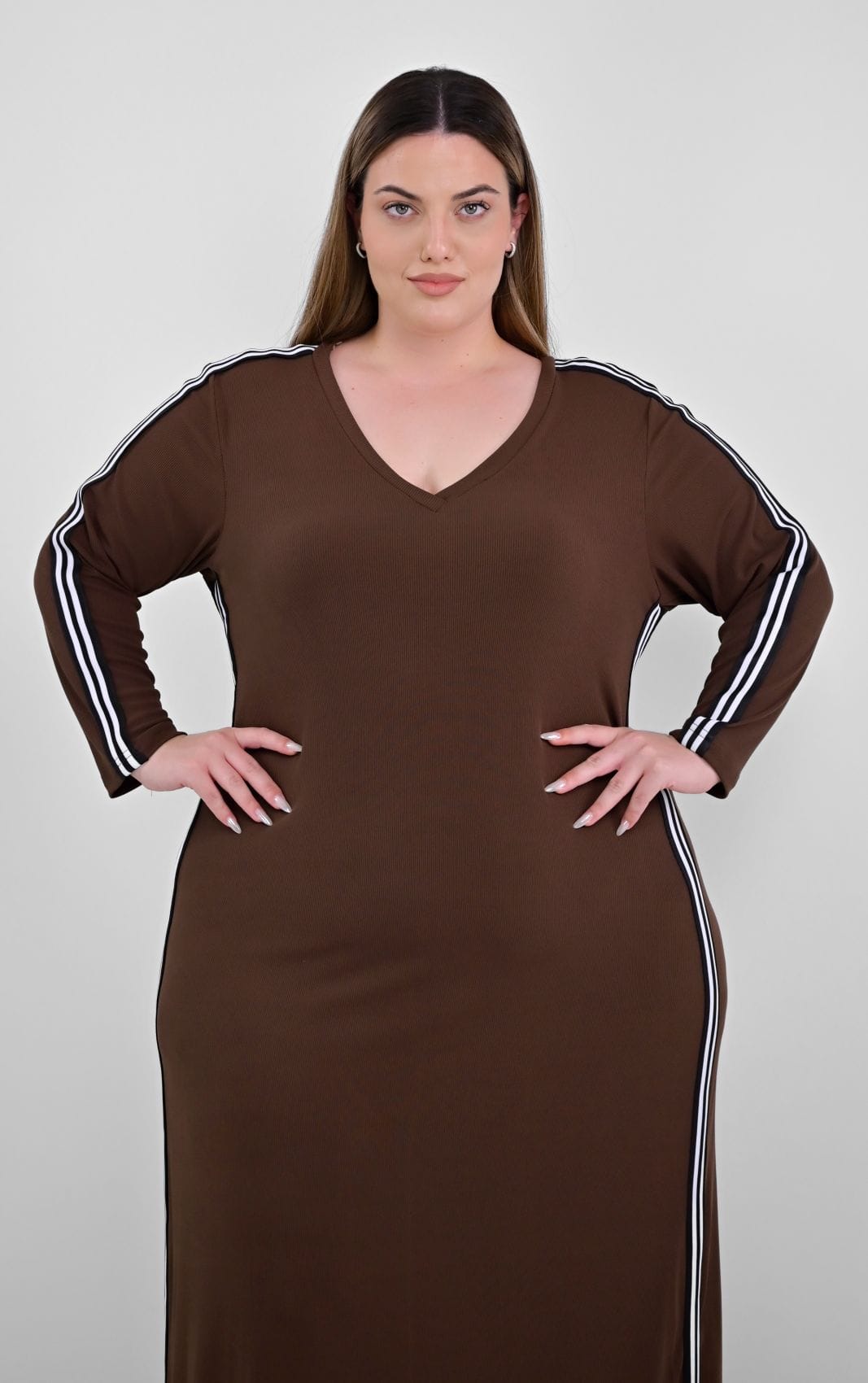 Plus Size Καφέ Αθλητικό Φόρεμα με Ρίγες